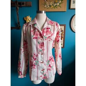 Vintage 70s long sleeve silky dagger collar polyester button up floral geometric